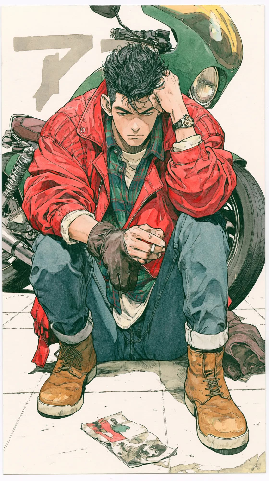 Biker resting, watercolour manga