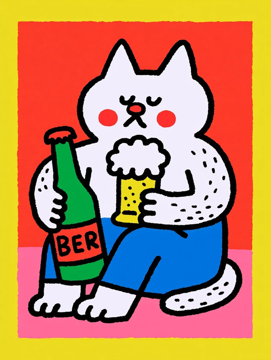 Cat with a beer, bold linework