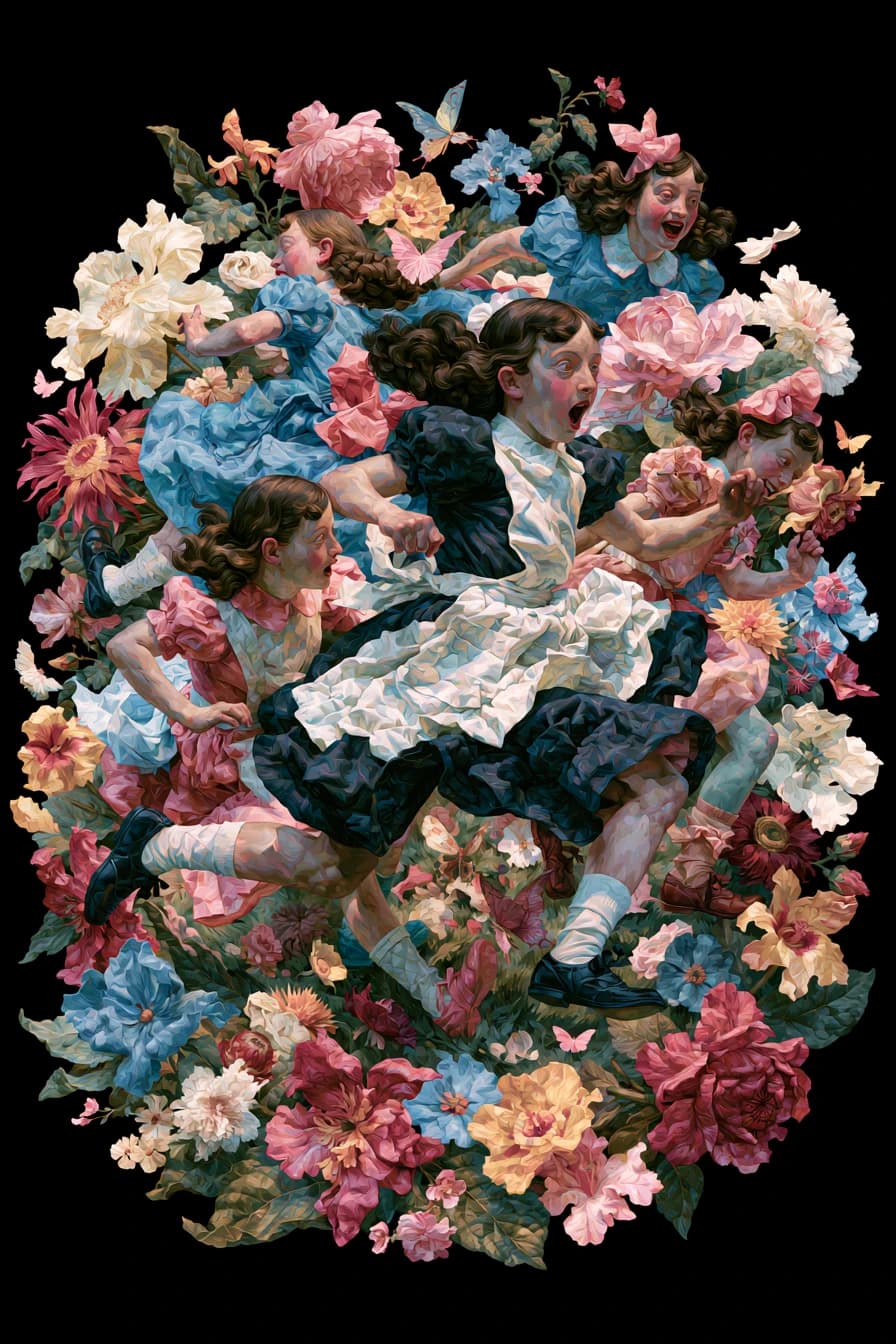 Girls and blooms, painterly crop
