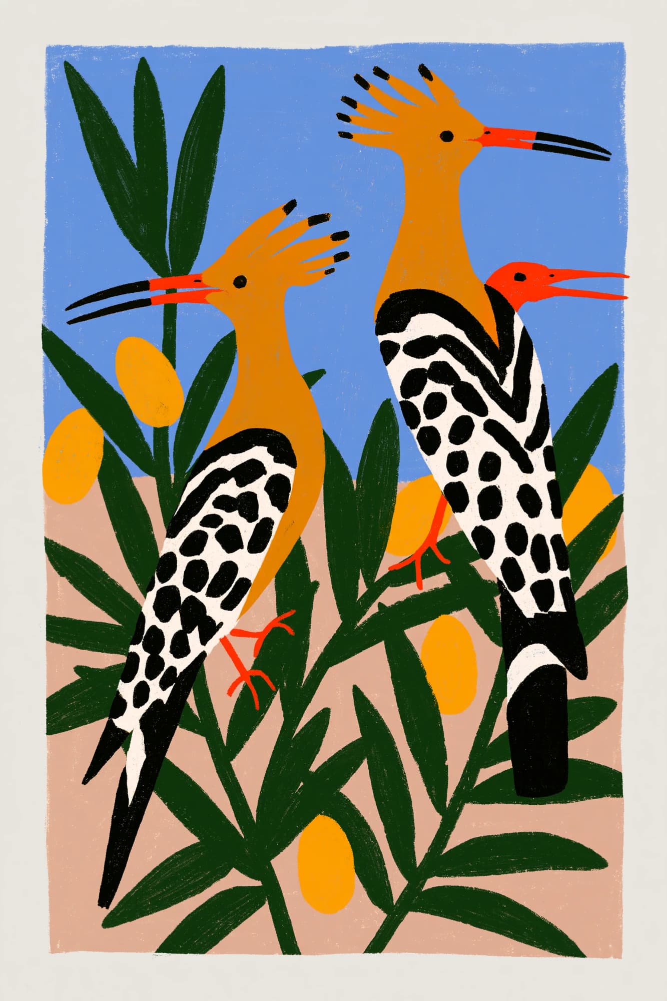 Hoopoes in olive branches, gouache
