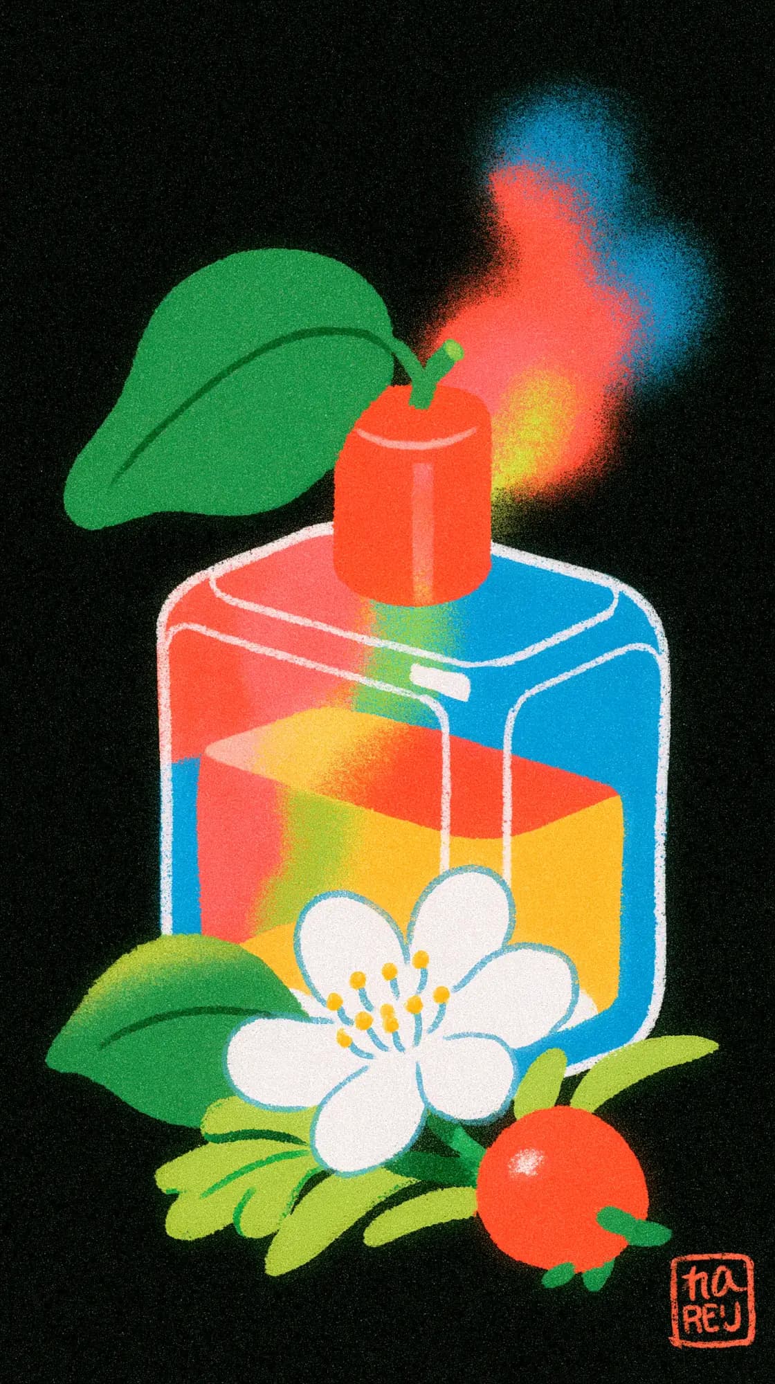Perfume still life, grainy neon