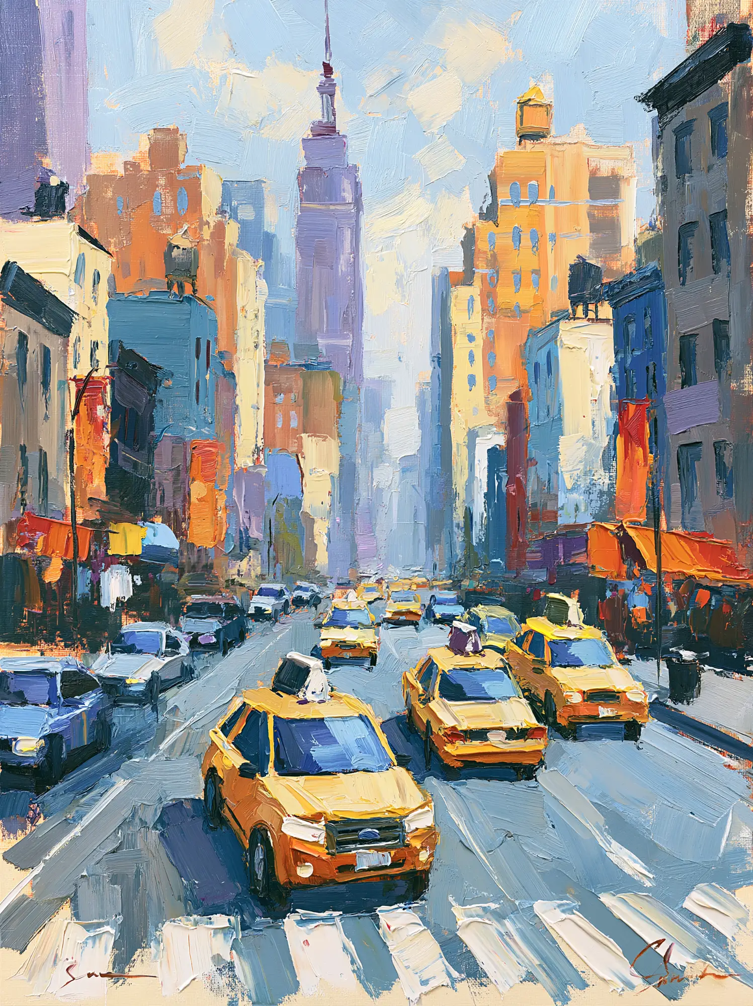 Yellow cabs, palette-knife oil